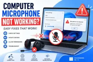 Computer microphone not working. Windows laptop with muted mic icon, sound settings error popup, disconnected headset, and troubleshooting symbols.