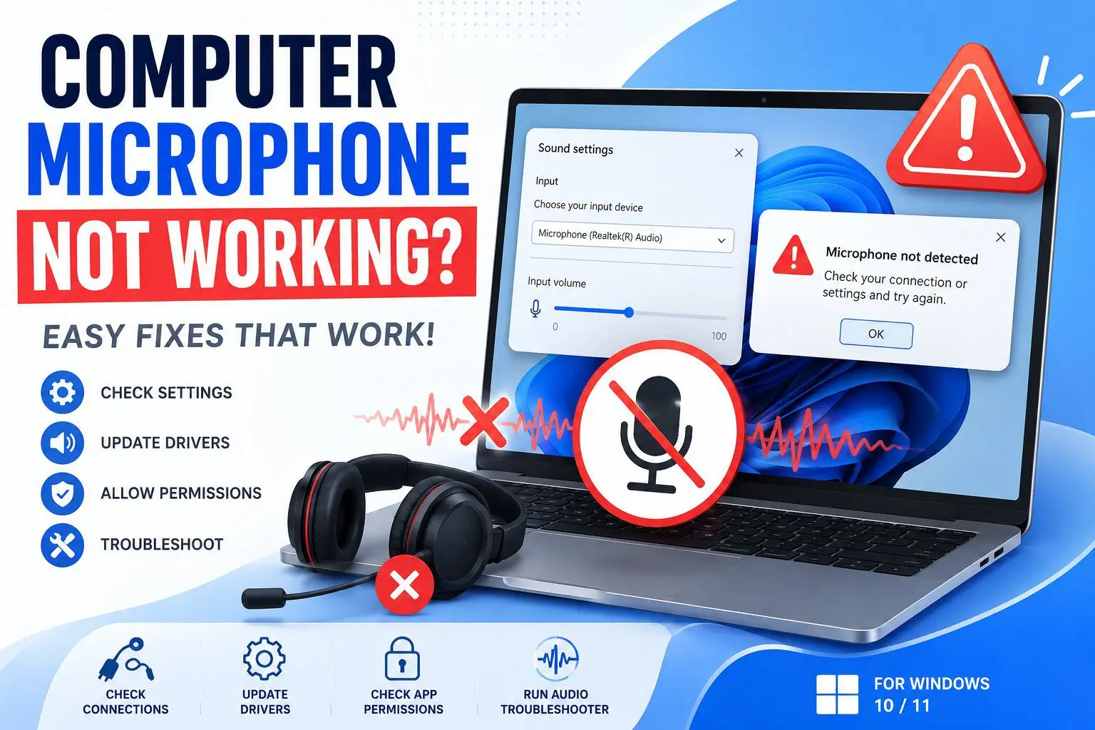 Computer microphone not working. Windows laptop with muted mic icon, sound settings error popup, disconnected headset, and troubleshooting symbols.