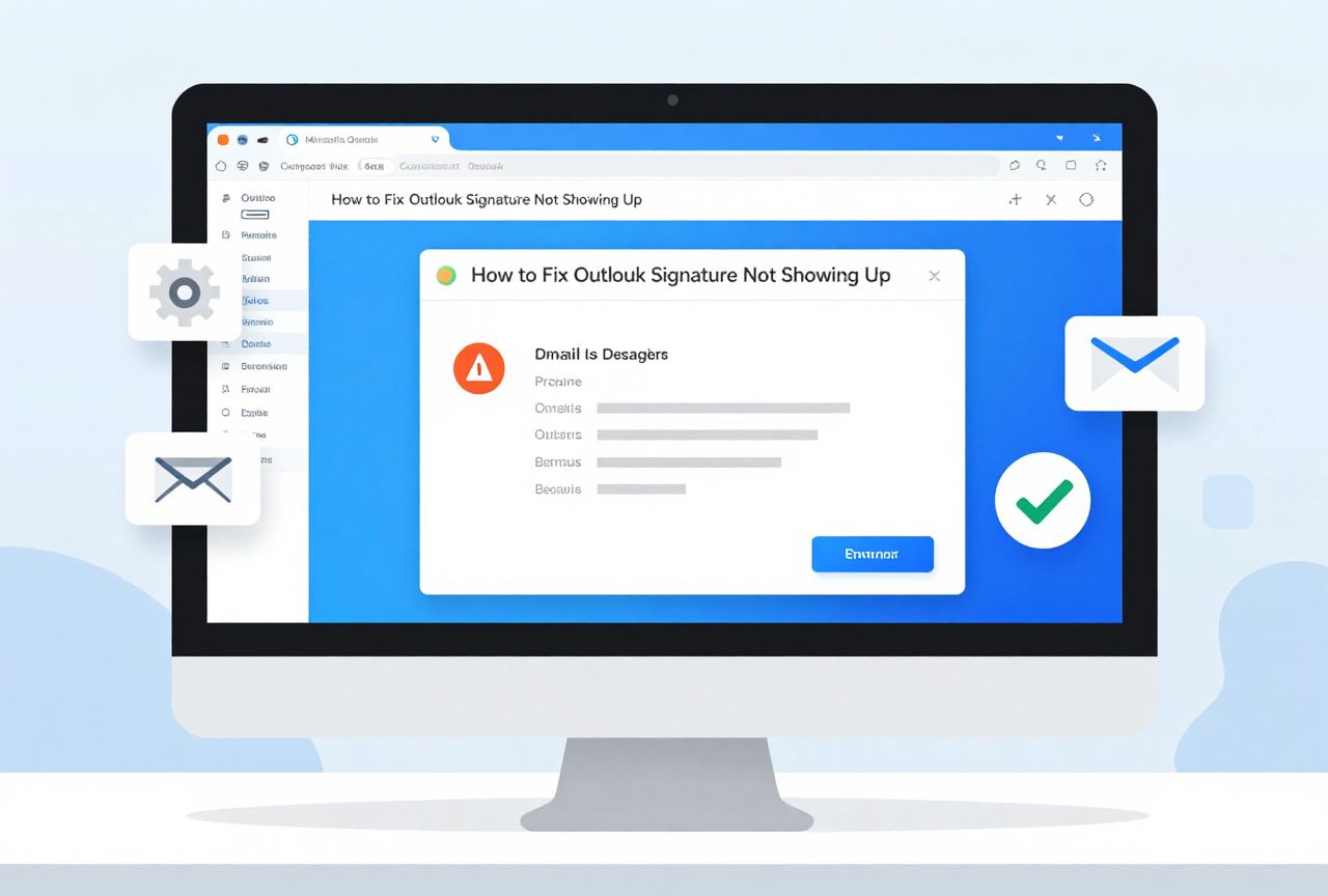 Outlook signature not showing up error with troubleshooting settings and email signature repair options.