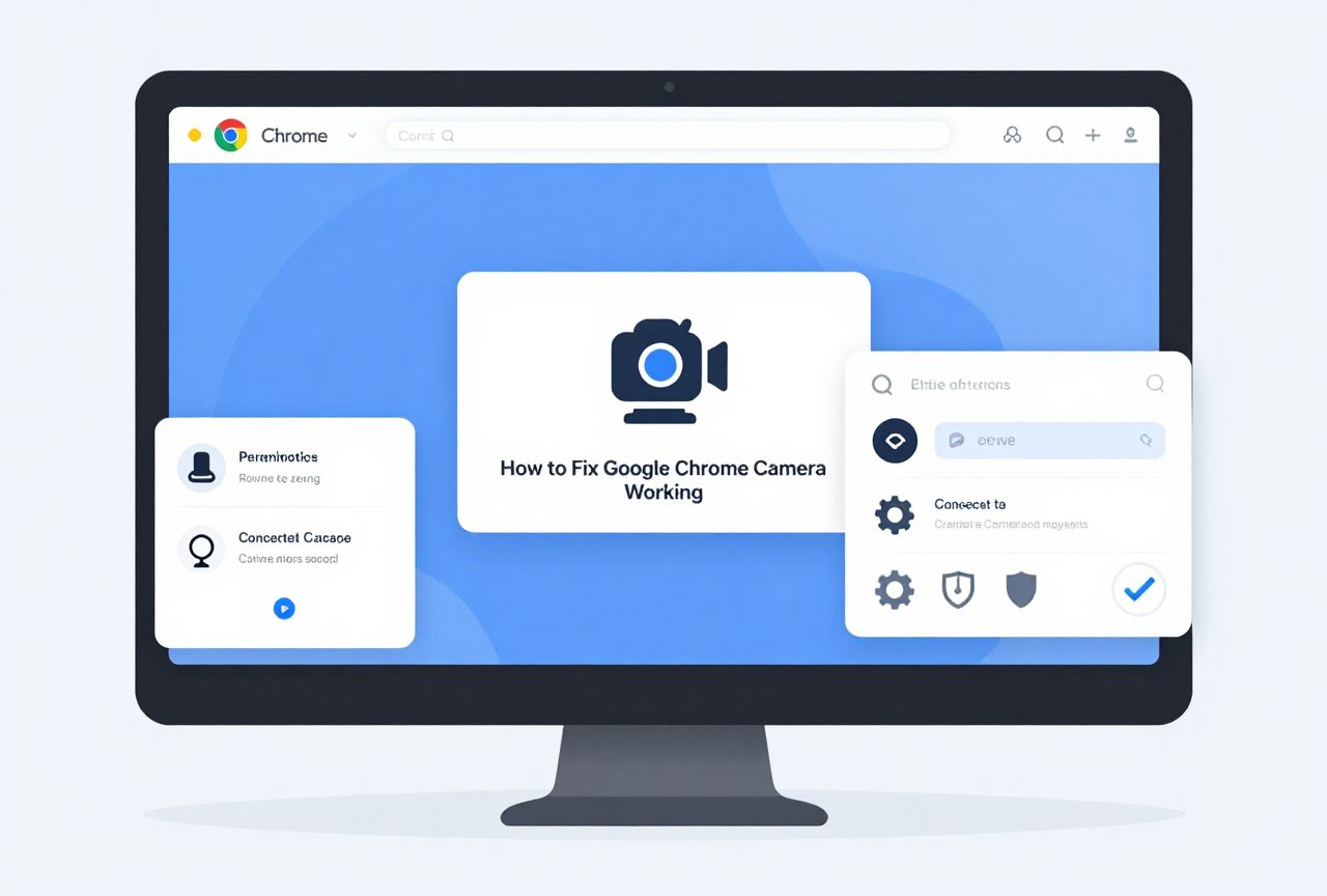 Google Chrome camera not working troubleshooting illustration showing browser camera settings and webcam permission fixes.